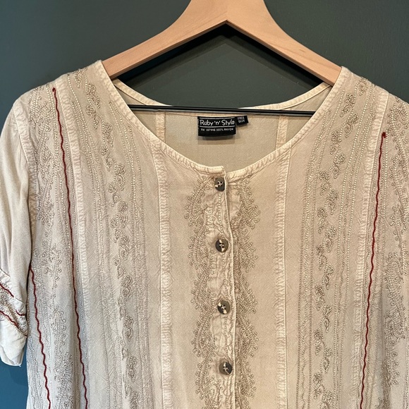 Ruby n Style Boho Dress beige button front Embroidered Tunic Y2K dress - Picture 6 of 7